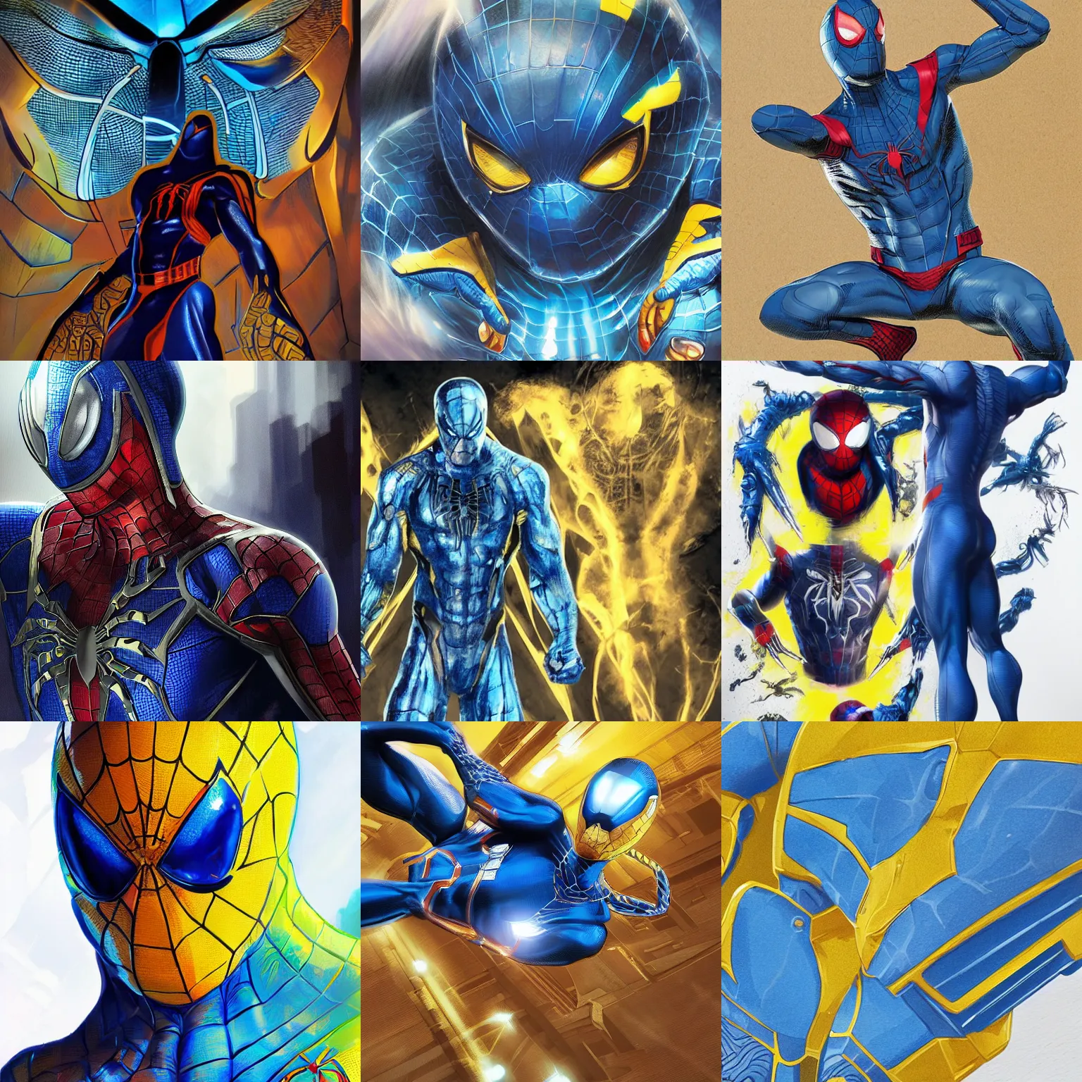 Prompt: detailed Avengers SpiderMan, electric blue Spider-Man, official concept art, blue and yellow spiderman, blue accents, ArtstationHD, artgerm