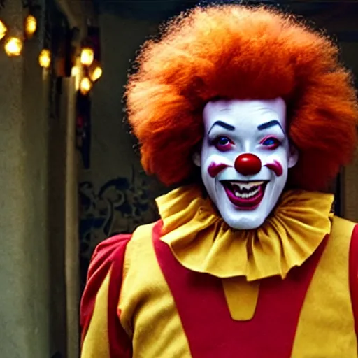 Prompt: cinematic movie still of Will Smith cosplaying as Ronald McDonald the clown
