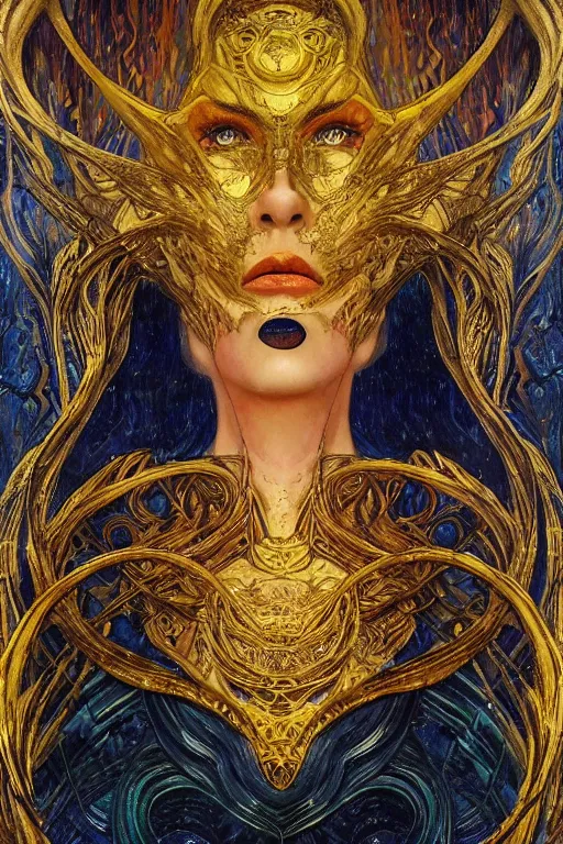 Prompt: Intermittent Chance of Chaos Muse by Karol Bak, Jean Deville, Gustav Klimt, and Vincent Van Gogh, trickster goddess, enigma, Loki's Pet Project, destiny, Poe's Angel, fate, Surreality, inspiration, muse, otherworldly, fractal structures, arcane, ornate gilded medieval icon, third eye, spirals