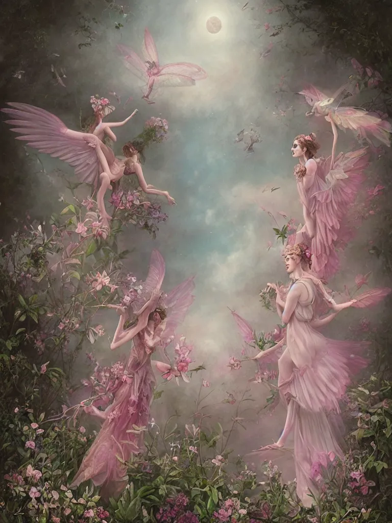 Prompt: two pink fairies with large wings exploring their lonely flower garden by tom bagshaw, extremely detailed, muted colors