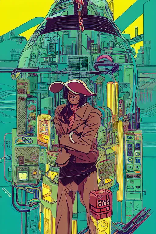 Image similar to 1 9 7 9 omni magazine cover of hiroyuki sanada in a rice hat. stylized cyberpunk art by josan gonzalez.