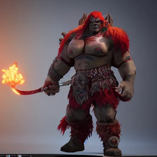 Image similar to beautiful redhead orc with warrior outfit, clash royal style characters, unreal engine 5, octane render, detailed, cinematografic, cinema 4 d