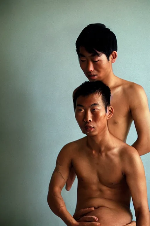 Prompt: A young Singaporean man in his 20s shirtless with a big pregnant belly rubbing his belly, photographed by Steve McCurry