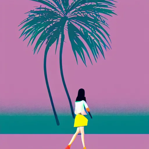 Image similar to woman walking with backdrop showing the sky, palm trees. in minimal colourful geometric illustration style digital painting