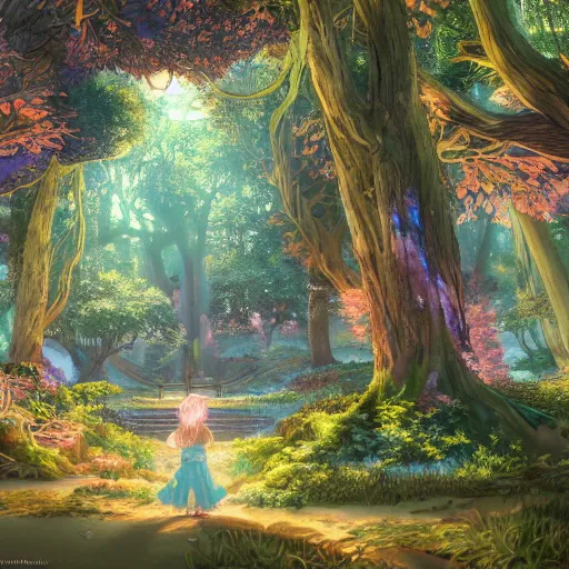 Image similar to the aesthetic view of the beautiful, grand, wistful, dreamy hidden forest at dusk, hyperrealistic anime illustration by iralki nadar, colorful, extremely detailed, intricate linework, super sharp focus, bright colors, octopath traveler, studio ghibli, unreal engine 5 highly rendered, global illumination, radiant light, detailed and intricate environment