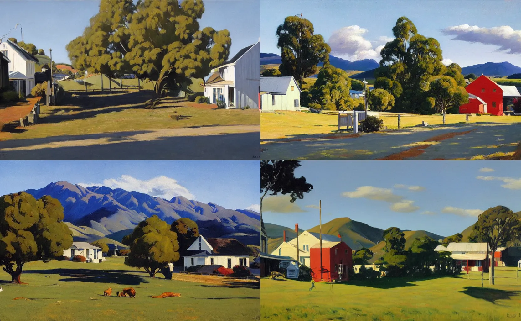 Prompt: a quaint rural New Zealand town, painting by Ben Aronson and Edward Hopper