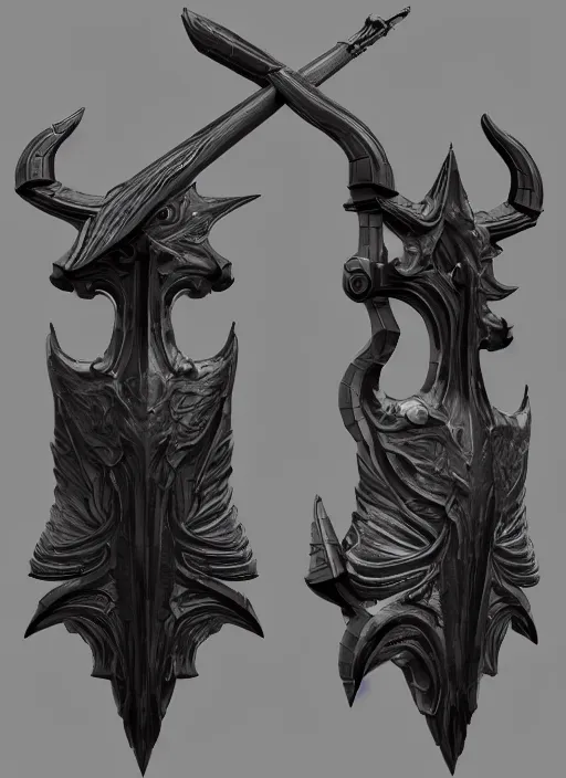 Image similar to a black long sword skull crest, orthographic, ornament, weapon, a 3 d render by dom qwek, front side views full, trending on polycount, artstation, hard surface modeling, rendered in maya, 3 ds max, blender, hd, vray, berserk