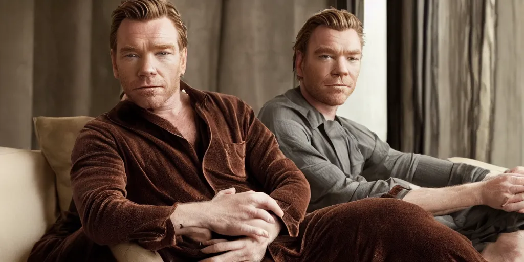 Image similar to ewan mcgregor is dressed to a pajamas. he is sitting on a sofa. on his lap is a brown cat. elegant. nice. epic scene. charismatic. light from window