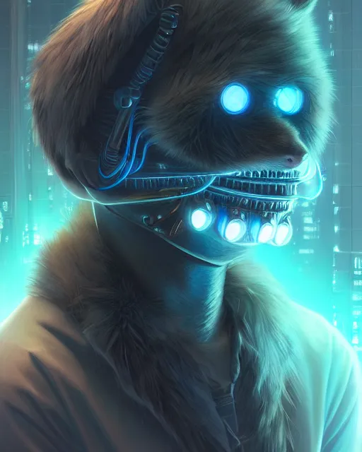 Prompt: one singular portrait of a sad bioluminescent furry creature, cyberpunk, highly detailed, digital painting, cinematic, hyper realism, dark retrowave, art by stanley lau and artgerm and magali villeneuve and alphonse mucha, artstation, octane render, cgsociety