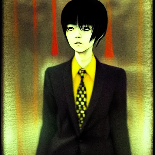 Image similar to yoshitaka amano blurred and dreamy realistic three quarter angle horror portrait of a sinister young woman with short hair and yellow eyes wearing office suit with tie, junji ito abstract patterns in the background, satoshi kon anime, noisy film grain effect, highly detailed, renaissance oil painting, weird portrait angle, blurred lost edges