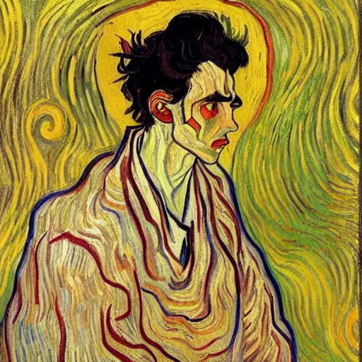 Prompt: painting of handsome beautiful dark medium wavy hair man in his 2 0 s, dressed as an oracle, foreseeing the future, elegant, clear, painting, highly stylized, art by vincent van gogh, egon schiele