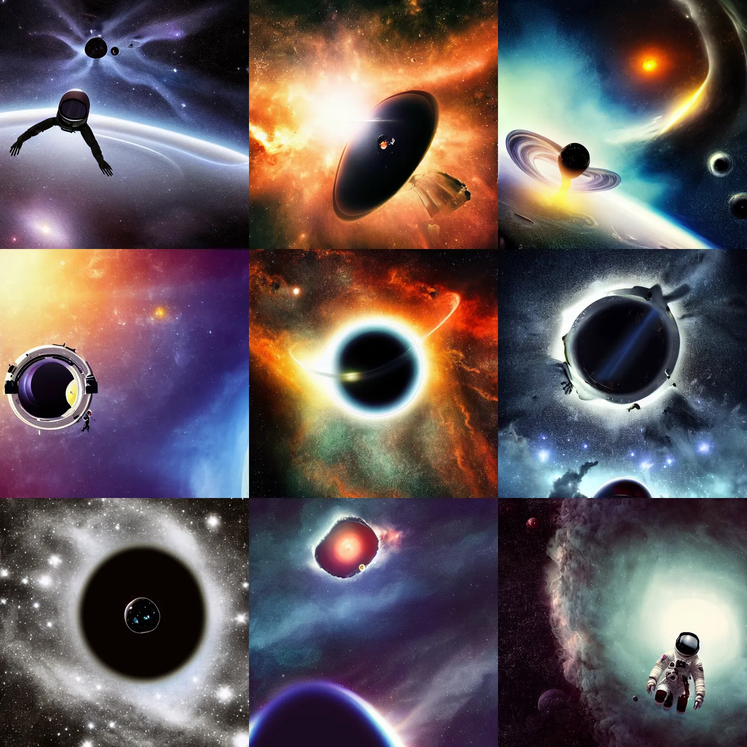 Prompt: photograph of an astronaut getting sucked into the black hole, 4k, breathtaking stars, space background, surrealism, concept art, digital art, Trending on DeviantArt