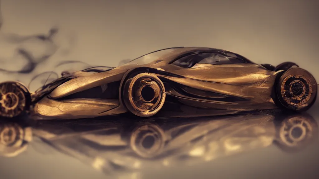 Image similar to soft bokeh front shot photo of a mclaren steampunk concept car, cinematic, fine details, symmetrical, 4 k, digital art, wallpaper