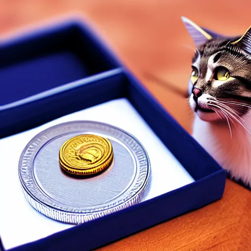 Prompt: Cat holding with a coin. Professional logo, Pictorial logo, epic design.