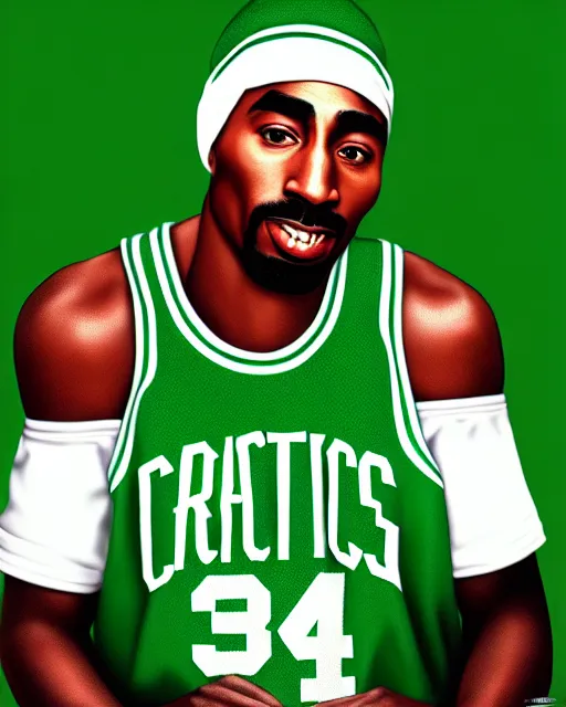 Image similar to portrait of tupac shakur, boston celtics jersey number 3 4, green, white, cartoon digital art, oil on canvas, trending on artstation, octane render