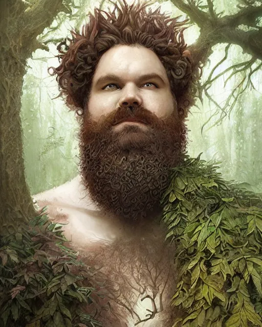 Image similar to patrick rothfuss as a forest druid with ram horns and leaves in his beard, dreamy and ethereal, fantasy, intricate, elegant, highly detailed, digital painting, artstation, concept art, smooth, sharp focus, illustration, art by artgerm and greg rutkowski and donato giancola