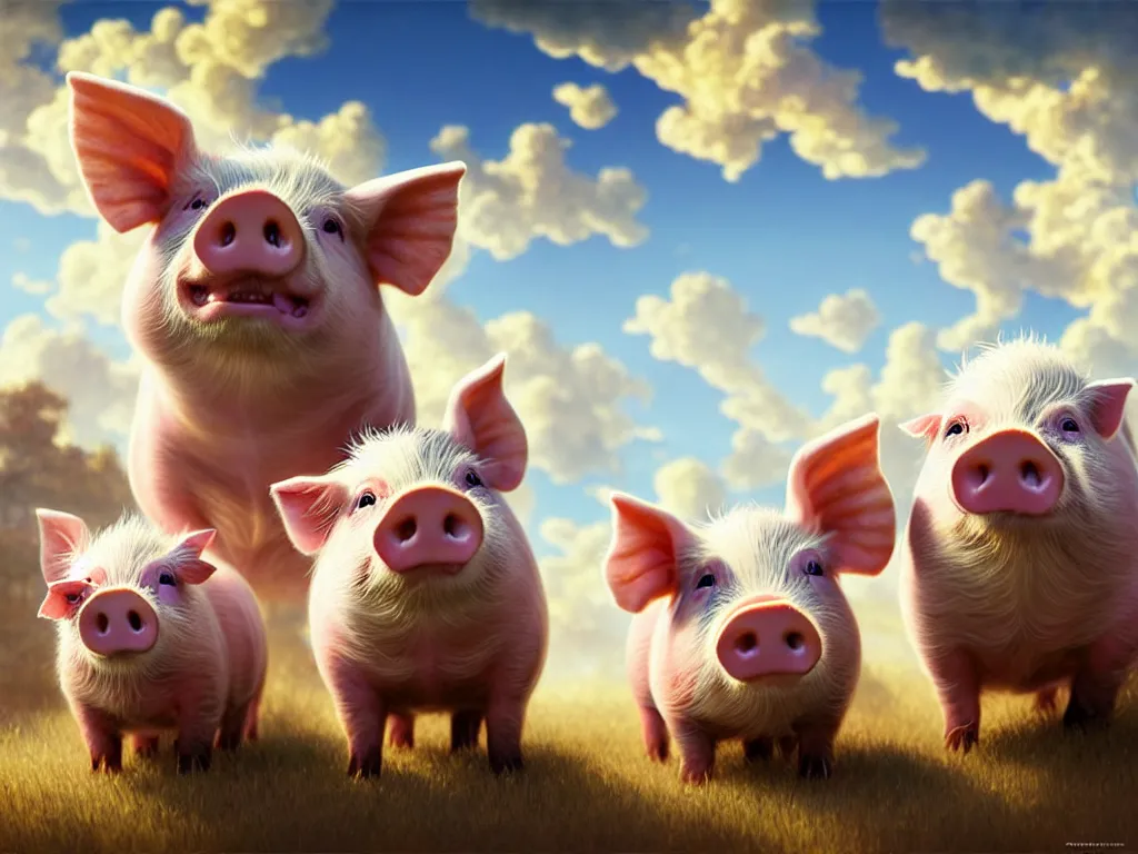 Prompt: cute pigs in the sky, cute and cuddly, highly detailed, photorealistic, octane render, 8 k, unreal engine. art by artgerm and greg rutkowski and alphonse mucha