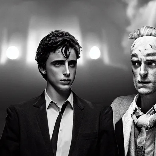 Image similar to B&W still from Sin City 4 (2027) starting an aged Timothy Chalamet