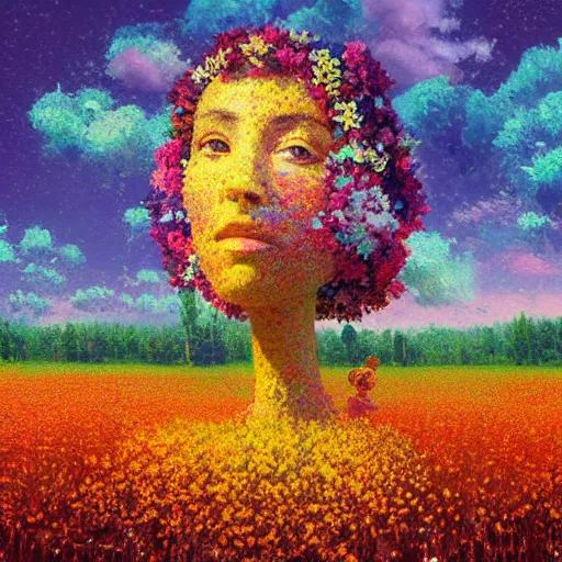 Prompt: head made of flowers, standing in a flower field, big trees, sunrise dramatic light, impressionist painting, colorful clouds, digital painting, pointillism, artstation, simon stalenhag
