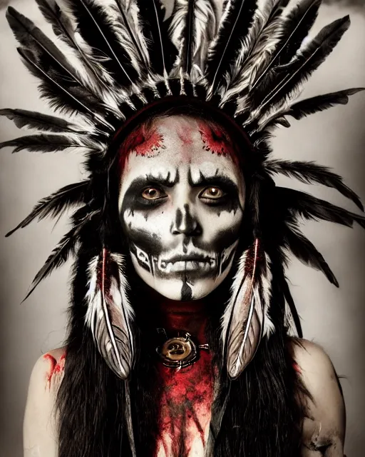 Image similar to lady native sisters ghost - spirit of the grim - warpaint wears the scarlet skull armor and native blood headdress feathers, midnight fog - mist!, cinematic lighting, various refining methods, micro macro autofocus, ultra definition, award winning photo, photograph by ghostwave - gammell - giger - shadowlord