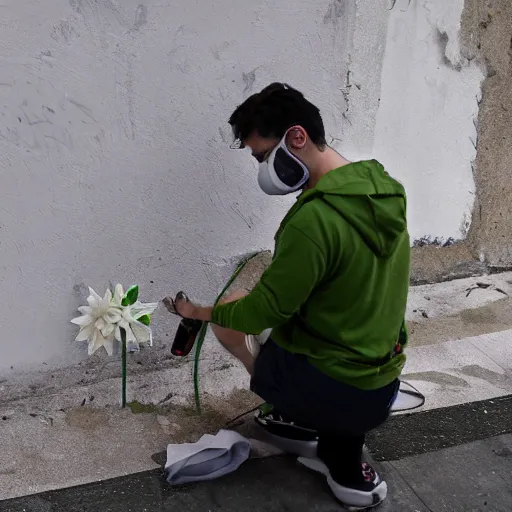 Image similar to guy with white hoodie spray painting flowers in a wall in genova