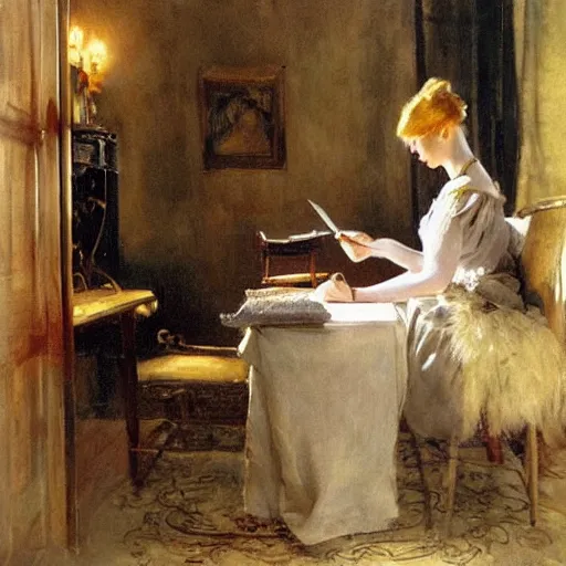 Image similar to a woman is writing a letter with a golden feather pen, by anders zorn, oil painting