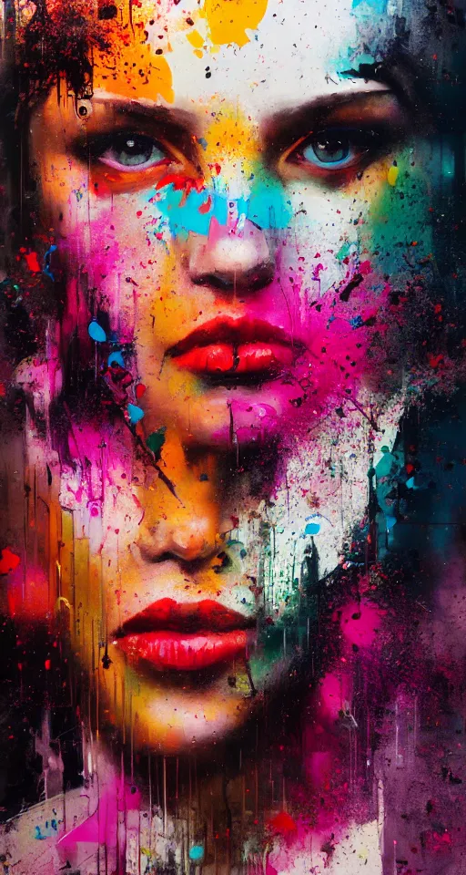 Prompt: portrait in the city, beautiful female shape, rule of thirds, face symmetry, colourful spray paint splatters, expressive, abstract art, by greg rutkowski, by jeremy mann, by francoise nielly, 4 k, 8 k, correct body proportion, cinematic style, female shape shadow