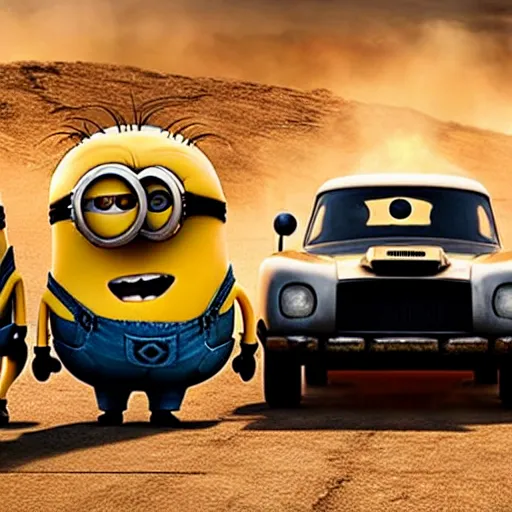 Prompt: a still of minions driving cars in mad max movie, highly detailed cinematography, cinematic, marvel cinematic