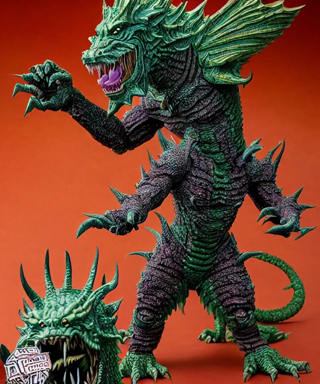 Prompt: a hyperrealistic rendering of an epic boss fight against ornate king emporer jewel crown war armor battle kaiju beast god by art of skinner and richard corben, product photography, collectible action figure, sofubi