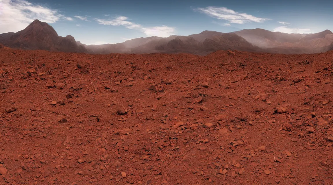 Prompt: stunning large format photograph, beautiful cinematic perspective of a dramatic martian mountainside, reddish brown color scheme rocks and soil and distant mountains, variegated soil, smooth clear blue sky, in the style of jeff wall, hazy sunlight, crisp details, 10k with post-processing