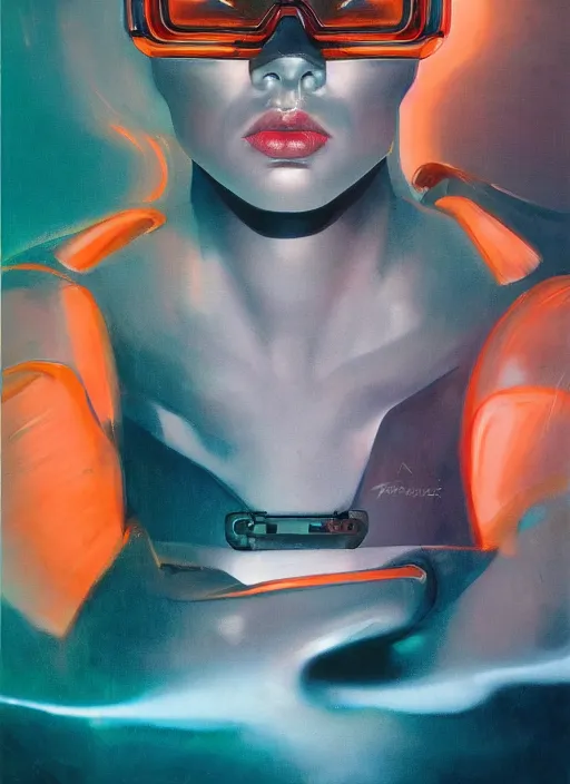 Image similar to ( ( symmetry ) ) closeup portrait of a chrome stunning cyborg girl, racer jumpsuit with shoulder pads, strong cinematic light, teal orange, viscous volumetric smoke, mist, by gerald brom, by mikhail vrubel, by peter elson, muted colors, extreme detail, trending on artstation, 8 k