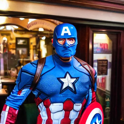 Image similar to captain america fighting the general public inside a wetherspoons pub