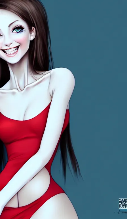 Prompt: professional digital art of a white incredibly !!!!attractive!!!! smiling woman with light brown hair blue eyes, front view, facing camera, wearing tight red dress, very attractive, beautiful face, impressive, smiling, Canon 40mm view, HD, 4k, well composed, best on artstation, cgsociety, wlop, epic, stunning, gorgeous, intricate detail, much wow, masterpiece,