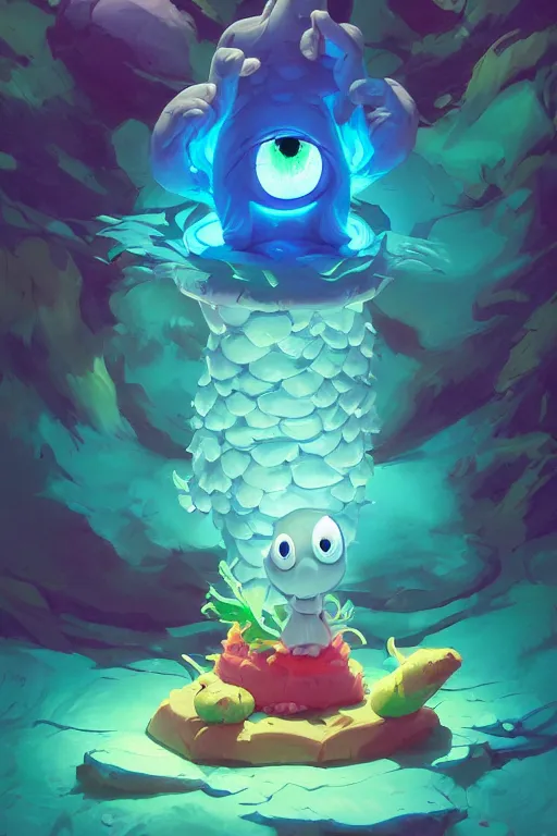 Image similar to smurf ghost creature animal sushi cristal very big eye roots cactus elemental flush of force nature micro world fluo fishscale, behance hd by jesper ejsing, by rhads, makoto shinkai and lois van baarle, ilya kuvshinov, rossdraws radiating a glowing aura global illumination ray tracing hdr