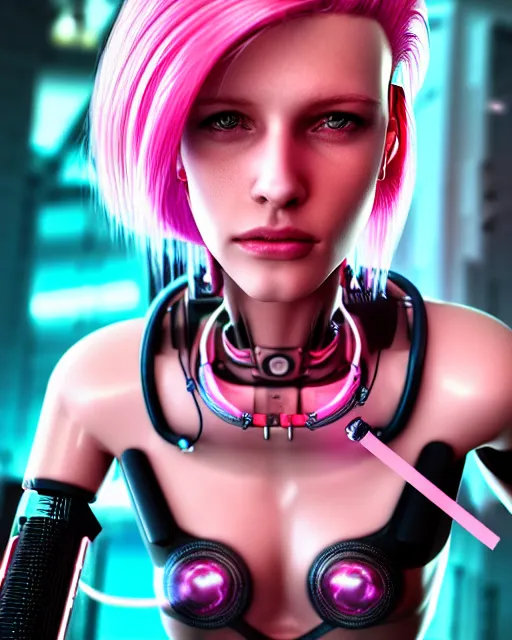 Prompt: portrait of a beautiful australian woman with pink hair as a cyberpunk cyborg half robot, revealing wires and electronics, sci - fi, missing panels, intricate abstract upper body intricate artwork, concept art, octane render, deviantart, cinematic, key art, hyperrealism, iridescent accents, portrait photograph, nikon 3 5 mm, photograph by greg rutkowski