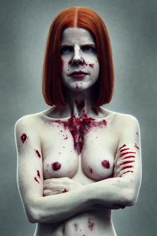 Image similar to pale woman covered with blood, sarah rafferty face!!!, red hair, skeleton body tattoo, ultra realistic, concept art, intricate details, highly detailed, 4 5 mm. photorealistic, octane render, 8 k, unreal engine. film still, heavy grain, 3 5 mm, art by artgerm and greg rutkowski and alphonse mucha