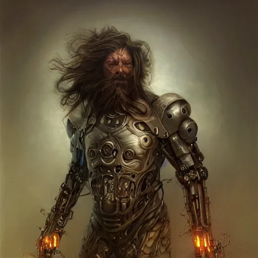 Image similar to portrait, augmented cybernetic male metal band member, stern expression, long hair, highly detailed, digital painting, artstation, concept art, smooth, sharp focus, illustration, artgerm, tomasz alen kopera, peter mohrbacher, donato giancola, joseph christian leyendecker, wlop, frank frazetta