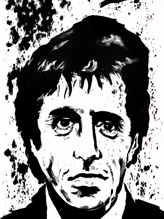 Image similar to headshot portrait. tony montana from movie scarface 1 9 8 3. al pacino, perfect symmetric face, coherent eyes, fine details., 4 k, red and black ink paint