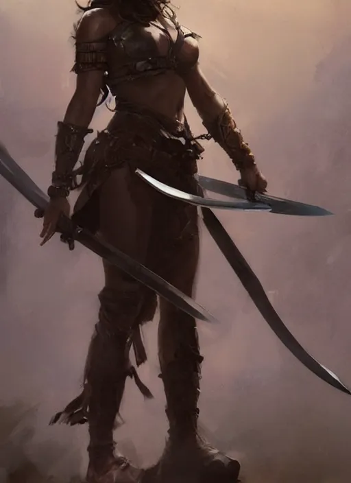 Image similar to hyper realistic warrior girl with sword in her hand, full body, rule of thirds, human proportion, good anatomy, beautiful face, conceptart, saturated colors, cinematic, vallejo, frazetta, greg rutkowski