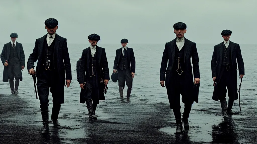 Prompt: the peaky blinders shrimps coming out of the ocean film still from the movie directed by denis villeneuve with art direction by zdzis