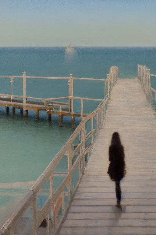 Image similar to painting of a woman standing at the end of a pier, the pier is white and has white railing, she is visible from behind and from distance, the sea surrounding the pier is calm, soft evening light, volumetric lighting, style of greg rutkowski