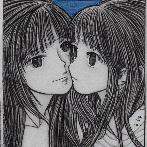 Image similar to portrait of two girls kissing, detailed manga art