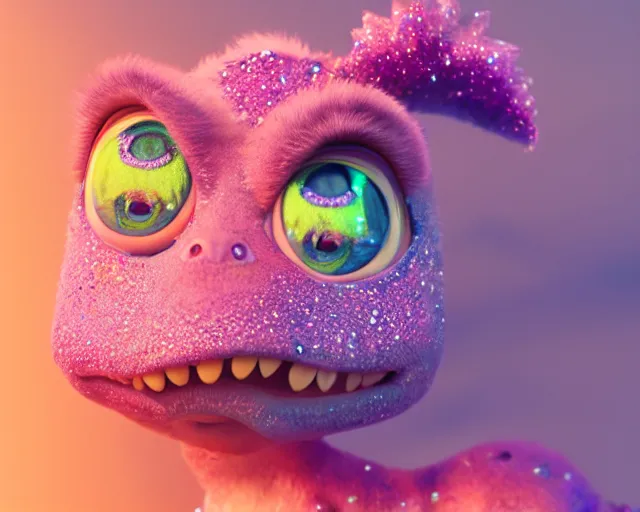 Prompt: a cute baby dinosaur, big eyes, soft fur and scales texture, pastel colours, colorful, glitter crystals, cute, pixar animation style, detailed, soft light, octane render, 4 k