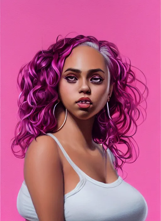 Image similar to full body portrait, teenage vanessa morgan, pink hair, obese, curly pixie hair, sultry, realistic, short hair, hoop earrings, skirt, shirt, fat, belly, black girl, intricate, elegant, highly detailed, digital painting, artstation, concept art, smooth, sharp focus, illustration, art by wlop, mars ravelo and greg rutkowski