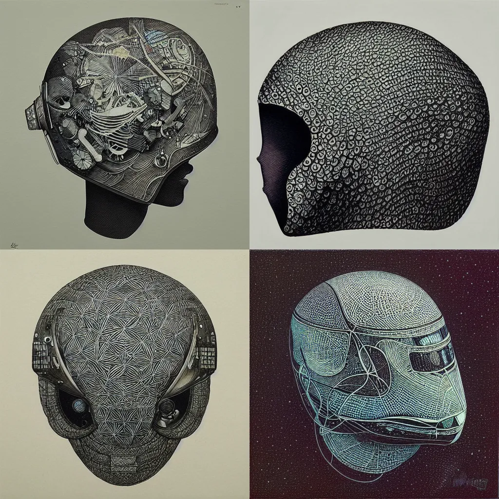 Prompt: “a futuristic helmet, oil dotwork on canvas by James Jean”