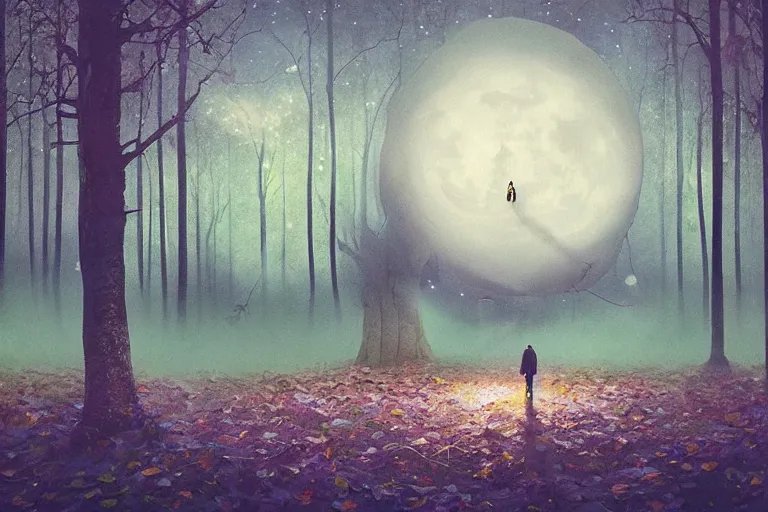 Image similar to giant perfume bottle in dark leaves and enchanted forest surreal photography, dark night, stars, moon light, impressionist painting, clouds, hyper - realistic, simon stalenhag