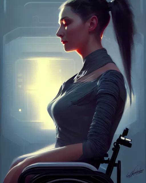 Image similar to masterpiece concept art, a beautiful highly detailed sci - fi lady on wheelchair, artist of 2 2 nd century, cinematic moody colors, realistic shaded lighting poster by ilya kuvshinov, magali villeneuve, artgerm, jeremy lipkin and michael garmash and rob rey,