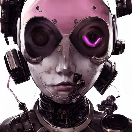 Image similar to highly detailed portrait of a post-cyberpunk robotic young lady with space helmet and wired cybernetic face modifications, skull face, robotic limbs, by Akihiko Yoshida, Greg Tocchini, Greg Rutkowski, Cliff Chiang, 4k resolution, persona 5 inspired, pristine white, pink, brown and black color scheme with sparking stray wiring