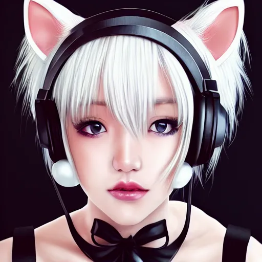 Image similar to realistic detailed semirealism beautiful gorgeous cute Blackpink Lalisa Manoban white hair white cat ears blue eyes, wearing black camisole maid outfit, headphones, black leather choker full HD 4K high resolution quality WLOP, Aztodio, Taejune Kim, Guweiz, Pixiv, Instagram, Artstation