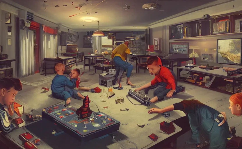 Prompt: 1 9 5 0 s, atompunk, two boys playing game at a spacious gaming room with their hi - tech gaming setup, intricate, highly detailed, spacious, indoor, artstation, art by filip hodas and artgerm